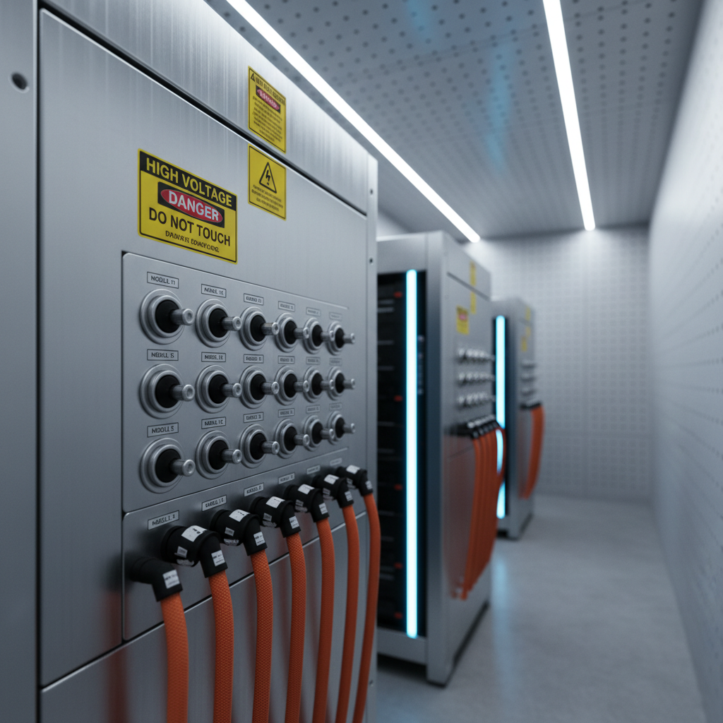 A close-up of a modular lithium-ion battery rack with brushed aluminum casing, bold safety markings, and a neat array of labeled connectors and heavy-duty orange power cables. The unit is installed in a compact, climate-controlled technical room with light gray acoustic wall panels and an immaculate, matte concrete floor. Cool, directional LED strip lights mounted along the ceiling cast gentle, linear highlights across the metal surfaces and create subtle shadows between modules. Shot from a slightly low angle with shallow depth of field, the foreground terminals are crisp while the background fades into a soft bokeh of additional racks. The mood is precise, professional, and trustworthy, emphasizing high-quality energy storage technology.