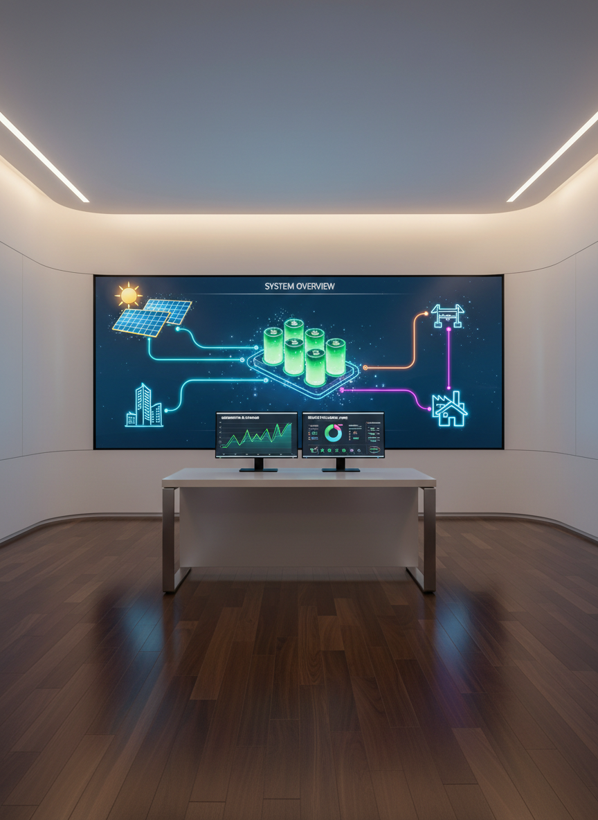 A sophisticated energy control room dominated by a wide, wall-mounted digital display showing a stylized, colorful schematic of an integrated energy system: solar arrays, battery storage, grid connection, and building loads connected by flowing lines and animated icons. In front of the wall, a minimalist white console desk holds a pair of slim, black monitors displaying detailed charts and real-time energy data. The space is enclosed by smooth, matte white walls and a dark wood floor, illuminated by soft, indirect LED cove lighting that creates a calm, focused glow without harsh shadows. Photographic realism, slightly elevated angle, balanced composition, conveying advanced energy administration, monitoring, and optimization in a clean, modern environment, without any human presence.