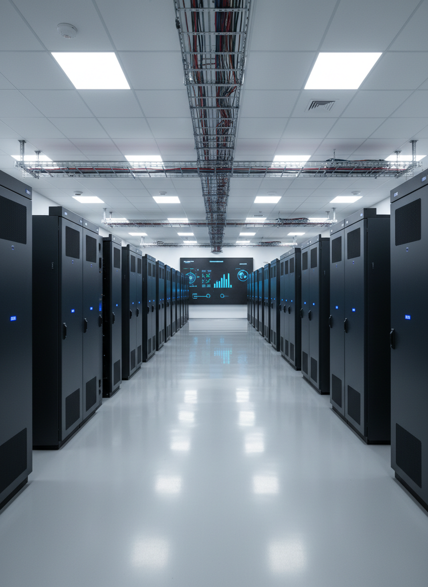 A large, high-capacity energy storage facility featuring sleek rows of dark graphite-colored battery cabinets with subtle blue status LEDs, arranged symmetrically in a spotless industrial hall. The polished epoxy floor reflects the equipment, while clean cable trays run overhead in precise lines. Cool, diffused white LED panel lighting from the ceiling creates an evenly lit, professional environment with soft, minimal shadows. In the distant background, a wall-mounted digital dashboard displays abstract graphs and energy flow diagrams out of focus. Photographic realism, eye-level composition with sharp focus throughout, conveying reliability, technological sophistication, and the integrated management of electrical energy storage for a modern business setting.